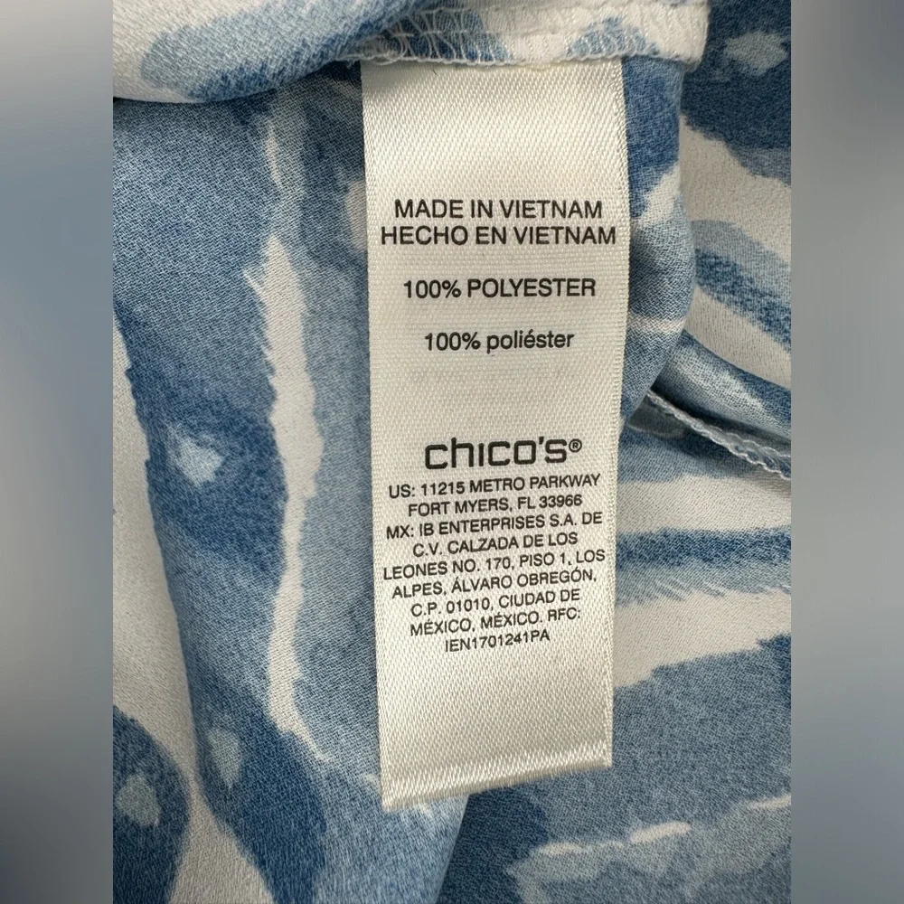 Chico’s Satin Short Sleeve V Neck Top Size 3 Pullover Color White/Blue